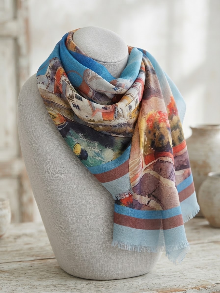 Sciarpa Cashmere Stampata soggetto Procida e Piazzetta di Capri dittico acquerello riflesso