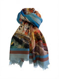 Sciarpa cashmere stampata soggetto Procida e Piazzetta di Capri, colori turchese e terracotta, con frange, @t@ Luxury Brand

