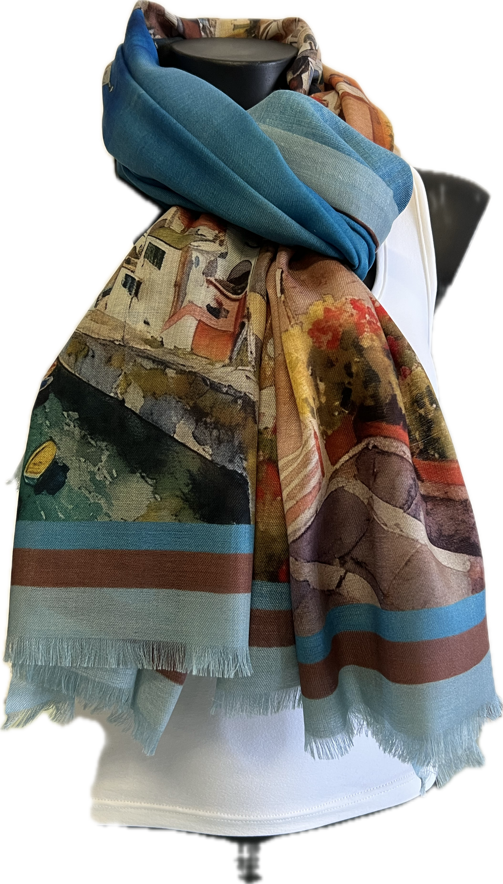 Sciarpa Cashmere Stampata soggetto Procida e Piazzetta di Capri dittico acquerello riflesso