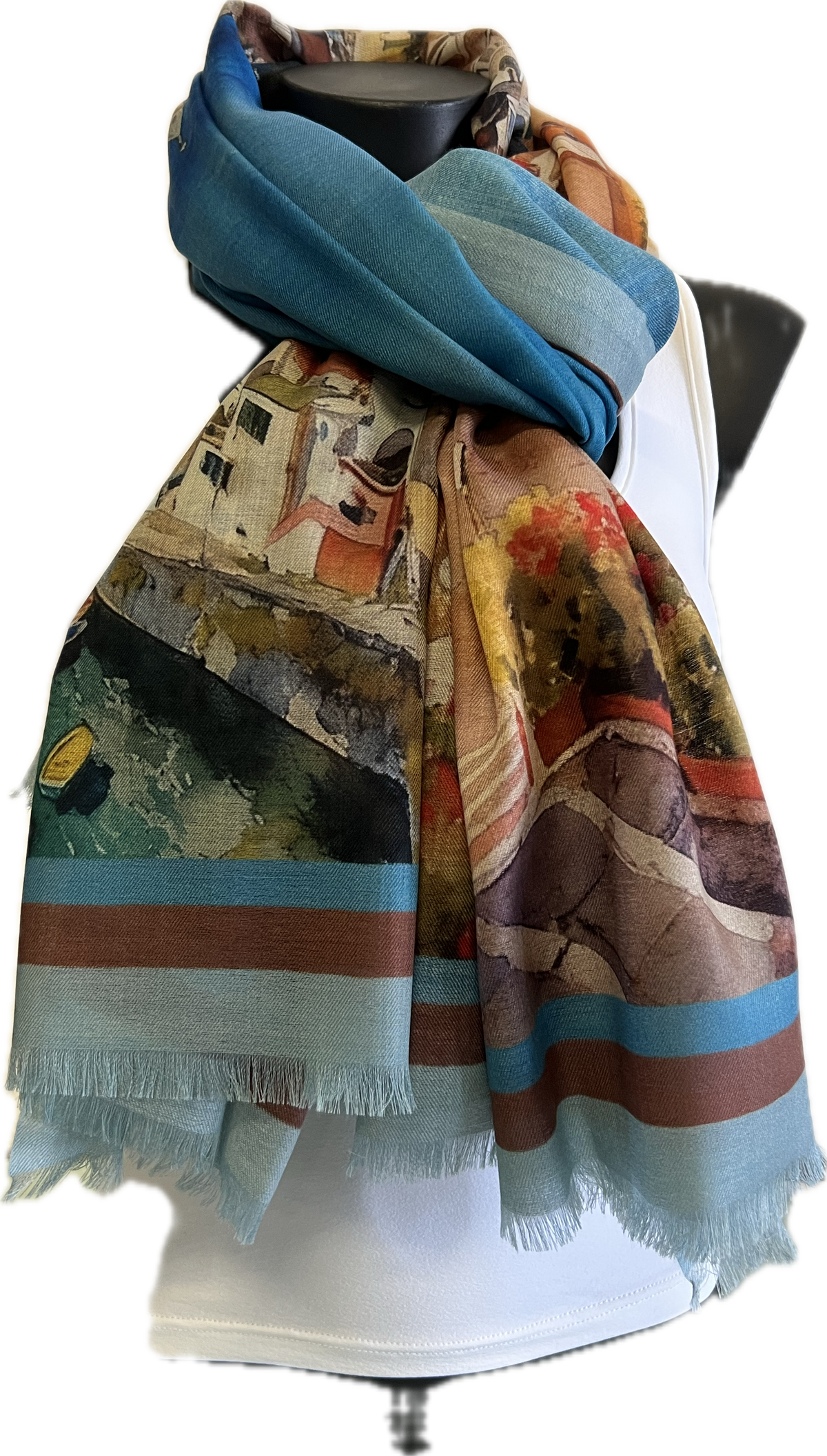 Sciarpa Cashmere Stampata soggetto Procida e Piazzetta di Capri dittico acquerello riflesso