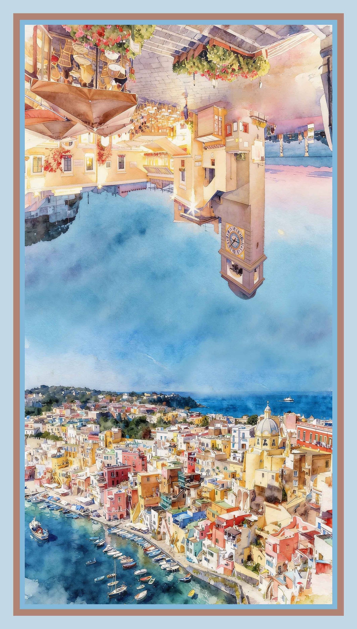 Stampa acquerello dittico riflesso Procida e Piazzetta di Capri su cashmere, soggetto artistico originale @t@ Luxury Brand, cornice azzurra e terracotta