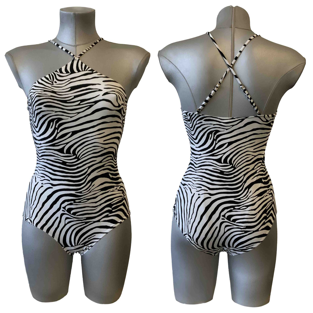 Costume intero donna allacciato al collo con stampa zebra