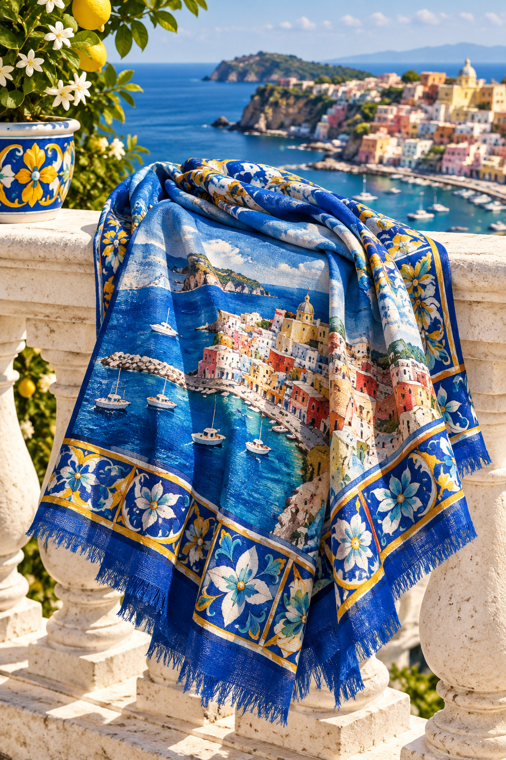 Sciarpa Procida maioliche terrazza mediterranea