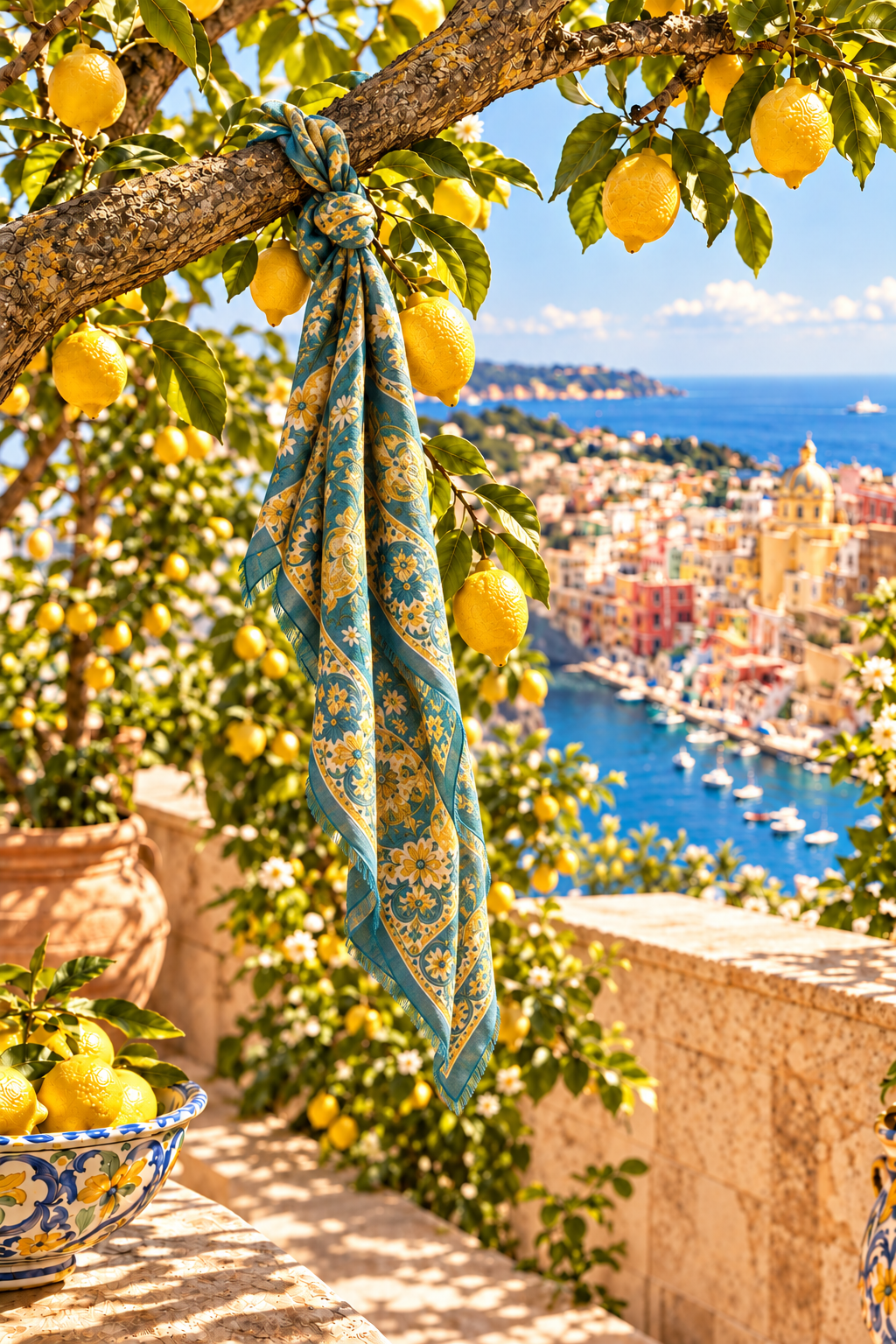 Terrazza italiana limoni sciarpa visibile ramo